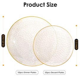 Lullaby 100PCS Clear Plastic Plates with Gold Rim, Includes 50pcs Dinner Plates 10.25” and 50pcs Dessert Plates 7.5”, Disposable Heavyduty Plates for Birthdays, Parties and Wedding