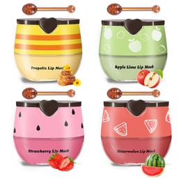 Bee Lip Balm Honey Pot, 4pcs Propolis Lip Mask Overnight Moisturizing Fruity Lip Balm with Stick, Hydrating Prevention Dry and Cracked Lip Scrubs Exfoliator Lip Care, Sleeping Lip Mask Hydrating(B#)