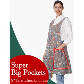 APRONNER Cozy Adjustable Cross Back Aprons for Women with Pockets Cotton Linen Cooking Kitchen Baking, Plum Blossom, Large