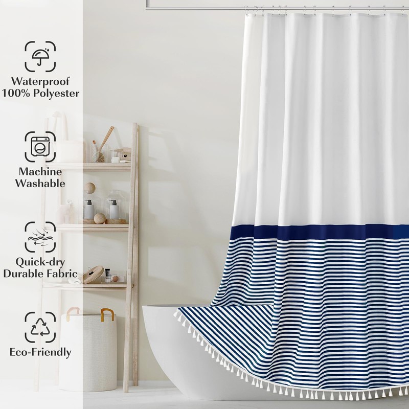 Seasonwood Extra Long Shower Curtains White and Blue Striped Shower