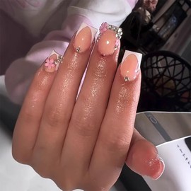 SINHOT Square Press on Nails Medium Fake Nails Glossy Glue on Nails Pink Flower Acrylic Nails Silver Bling Glitter Squoval Artificial Nails French Tip Stick on False Nails with Design 24 pcs