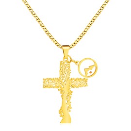 JunyiDIY Jewelry Gold Faith Necklace - Cross Tree of Life Religious Jewelry Round Mountain Mustard Seed Double Pendant Friendship Necklace for Men Women