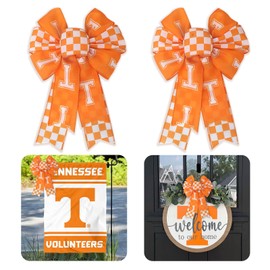 Glodecart 2PCS Tennessee Checkerboard Bow for Wreath Front Door, Orange White Letter T Tennessee Vols Wreath Bow for UT Football Fans Outdoor Tree Topper Decor Sports Party Supplies Hanging Ornament