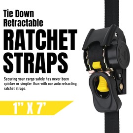 Stay There Retractable Ratchet Straps (2-Pack) - 1 Inch x 7 Feet (1200lb Break Strength) - Heavy Duty Auto Self Retracting Tie Down Straps for Truck, Cargo Trailer, Motorcycle & More - Black
