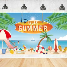 Hello Summer Backdrop Banner, Summer Hawaiian Beach Party Background Banner, Summer Holiday Indoor Outdoor Photo Booth Props for Summer Party Decorations, 71 x 44 Inch