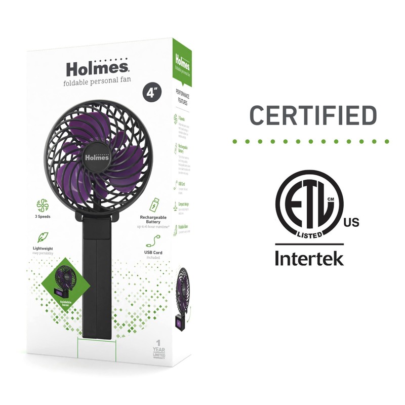 Holmes 4" Portable Handheld Fan – 3 Speeds, Rechargeable, USB-C,