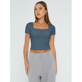 Trendy Queen Womens Square Neck Going Out Crop Tops Short Sleeve T Shirts Summer Cute Clothes Basics Tees, HazeBlue, M