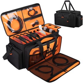 Large Dj Cable Bag with Laptop and Microphone Pocket, Dj Bag for Equipment and Music Accessories with Detachable Dividers, Bottom Pad, Dj Gig Bags for Musicians, Professional, Travel, Orange