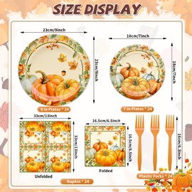 96 Pieces Fall Plates and Napkins Thanksgiving Tableware Set, Pumpkin Maple Leaf Disposable Dinnerware with Paper Plates, Napkins, and Forks for Thanksgiving Autumn Harvest Party Supplies- Serves 24