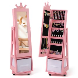 GLACER Kids Jewelry Armoire Cabinet, Standing Children Jewelry Organizer with Full-Length Mirror, Foldable Drawer, Anti-toppling System, Kids Vanity Dress Up Mirror Jewelry Cabinet for Girls (Pink)