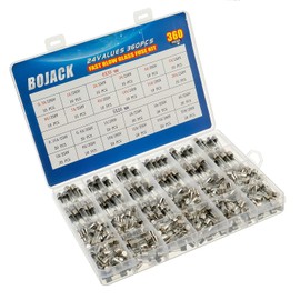 BOJACK 24 Values 360 pcs Fast-Blow Glass Fuses Assortment Kit 5x20mm 250V 0.25 0.5 1 2 3 4 5 8 10 12 15 20A 6x30mm 250V 0.5 1 2 3 4 5 6 7 8 10 15 20A amp packag in a Clear Plastic Box