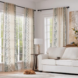 jinchan Winslow Linen Curtains for Bedroom 90 Inches Length Embroidered Bordered Floral Curtains for Living Room Farmhouse Decor Light Filtering Window Treatments Blue on Beige Drapes 2 Panels