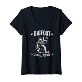 Womens Bigfoot Special Forces - He's Got a Gun and uniform V-Neck T-Shirt