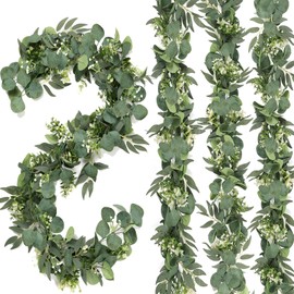 Dremisland 4PCS Artificial Eucalyptus Garland with White Flowers Fake Willow Foliage Silver Dollar 5.5FT Greenery Faux Plants Vines Christmas Garland for Wedding Party Table Runner Backdrop Home Decor