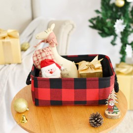 INough Christmas Buffalo Plaid Storage Basket Farmhouse Storage Bins for Kids, Collapsible Red Check Storage Basket for Toys Makeup, Gift for Valentines Day Fabric Toy Box for Baby/Kids/Nursery Room