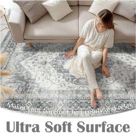 jinchan Washable Area Rug 6x9 for Living Room Ultra-Thin Soft Vintage Low Pile Non Slip Distressed Rustic Carpet Floral Medallion Large Rug for Bedroom Dining Room Nursery Grey Multi