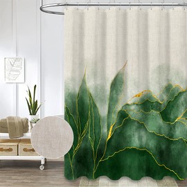 Linen Marble Shower Curtain Ombre Green Gold Modern Bathroom Art Decor Emerald Green Golden Fabric Waterproof Heavy Duty 230GSM Textured Cotton Linen 72 x 72 Inches
