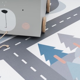 Kids Rug Play Mat Mountain Road with Bears & Trees for Playroom in Blue Cream, Size: 6'7" Round