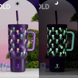 Meoky Water Bottle with Straw Tumbler Large Capacity 1200ml Vacuum Insulated Stainless Steel Bottle with Handle Thermos Popular Lid Design Outdoor Dishwasher Safe (Luminous Jellyfish, 1200ml)