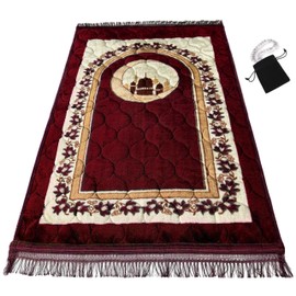 Prayer Rug Muslim Prayer Mat Islamic - Very Thick Prayer Rug Sajadah for Men Women with Islam Prayer Beads for Eid Travel Ramadan, Soft and Luxury (RED)