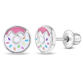 925 Sterling Silver Fun Fuchsia Pink Enamel Donut Earrings with Tiny Colorful Sprinkles for Little Girls - Colorful Screw Back Earrings for Kids