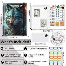 100 Envelopes Money Saving Challenge A5 Money Saving Binder with Cash Envelopes，Budget Binder Savings Challenge Book for 100 Day to Save $5,050 for Budgeting Planner，Wolf in Nebula