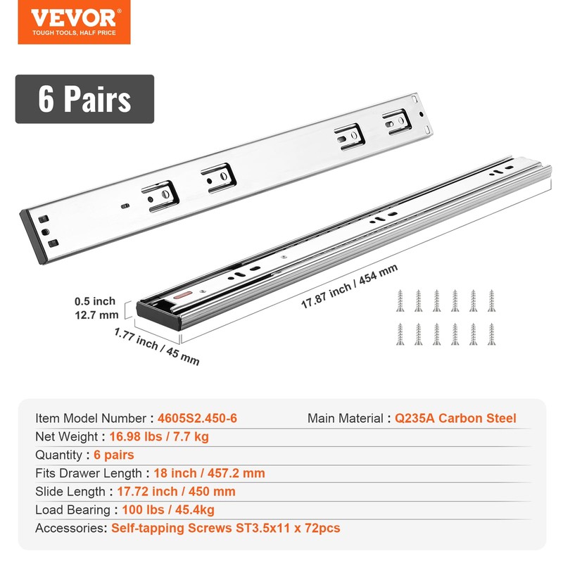 VEVOR 6 Pairs of 18 Inch Drawer Slides Side Mount