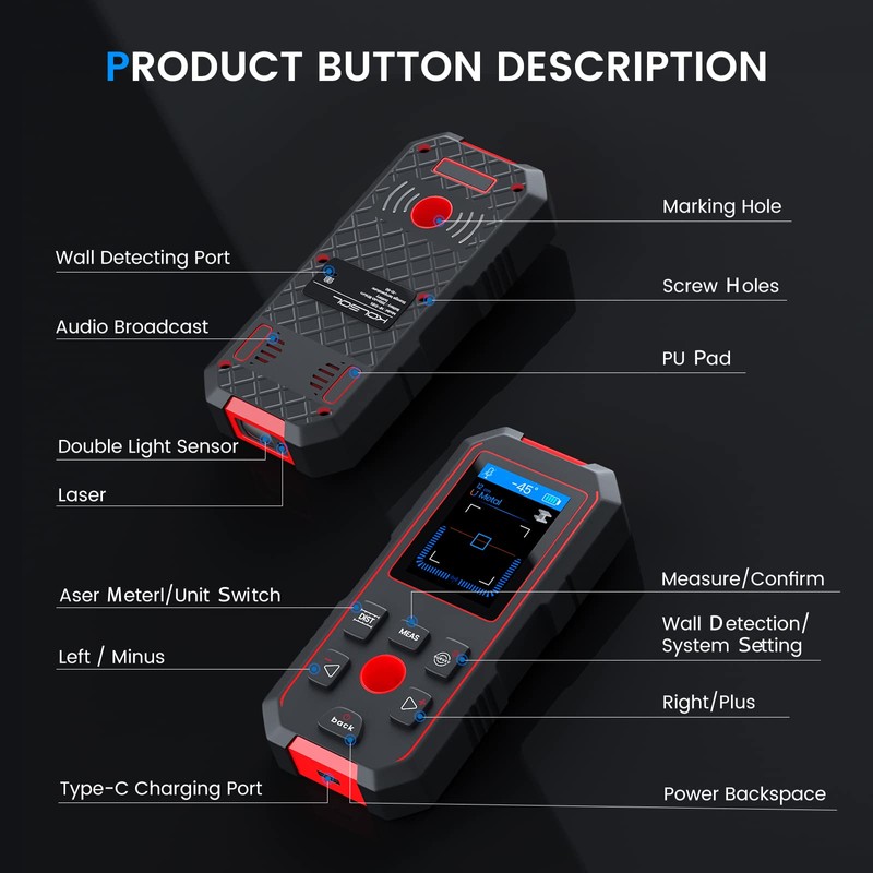 KOLSOL Stud Finder with 196ft Laser Measure, 3 in 1