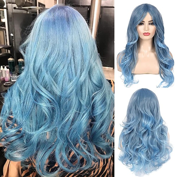 Beweig Blue Wig for Women Long Curly Wavy Pastel Blue Wig Side Part Synthetic Halloween Cosplay Wig with Wig Cap