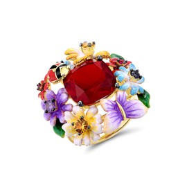 Santuzza Enamel Flower Ladybug Ring 925 Sterling Silver Red Glass Amethyst Created Ruby Cubic Zirconia Ring for Women (7)