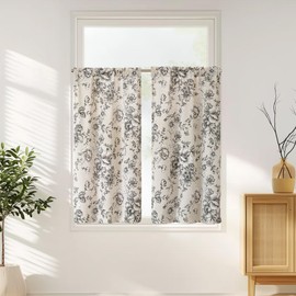 Jinchan - Cortinas de cocina de lino con diseño floral de 45 pulgadas, cortinas de café botánico, cortinas de ventana pequeña, cortinas de media ventana rústica para sala de estar, baño, lavandería, 2