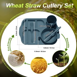 Tanlade 24 Pcs Wheat Straw Dinnerware Cutlery Sets, Divided Plates Unbreakable Bowl Microwave Dishwasher Safe Tableware Cutlery Spoon Knife Fork Cup(Dark Blue)