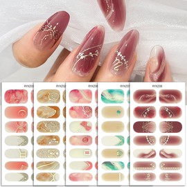 Gold Stripe Gel Nail Stickers - Full Nail Wraps, Marble Pattern, Zodiac Design, Self Adhesive, DIY Manicure