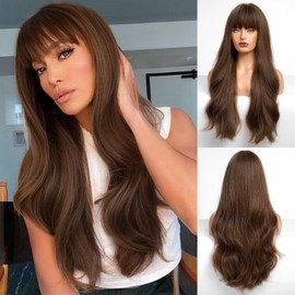 HAIRCUBE Brown Wig with Bangs for Women Brown Long Wavy Hair Wig Wig Curly Wavy Synthetic Wigs for Girls Daily Party Use