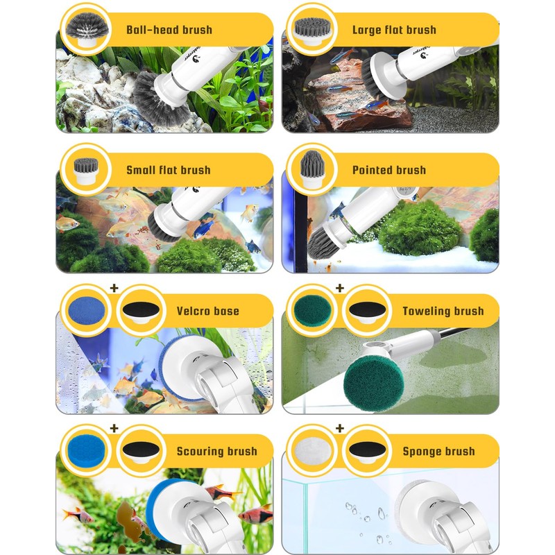 fishkeeper 8-in-1 Electric Aquarium Cleaning Brush - IPX9 Waterproof, LED