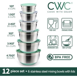 COOK WITH COLOR Stainless Steel Mixing Bowls Set with Lids - Nesting Bowls with Non-Slip Bottom, Sage, 12 Pieces