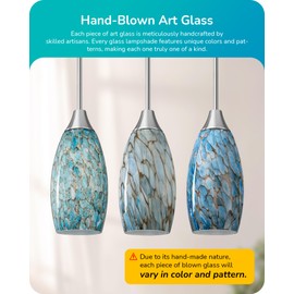 EDISHINE Pendant Light, Hand Blown Hanging Light Fixture, Adjustable Brushed Nickel Rods, 5.12" D x 11.4" H Shade, Blue Glass Pendant Lighting for Kitchen Island, Sink, Bathroom, Dining Room