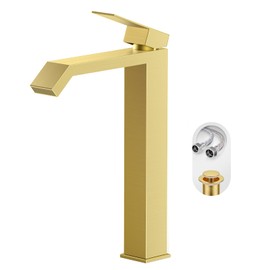 Phiestina Brushed Gold Bathroom Faucet Brass Vessel Sink Faucet, Square Single Hole Single Handle Waterfall Above Counter Sink Faucet with Metal Pop Up Drain Without Overflow, FH05-BG-V