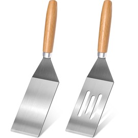 2-Piece Small Stainless Steel Spatula Set with Wooden Handles, Ideal for Flipping, Cooking, and Serving. Perfect for Brownies, Tiramisu, Cookies, Lasagna, and Pancakes.