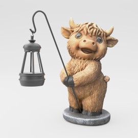 Mikilov Scottish Highland Cow Resin Statue with Solar Lantern Decoration, Garden Home Decor, Sculpture Ornament, Animal Figure for Balcony, Garden, Birthday (Golden Yellow1)