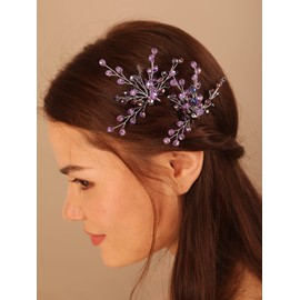 Deniferymakeup 2PCS Boho Green Emerald Crystal Hair Pins Wedding Bridal Silver Hair Piece Set for Women and Girls (Purple)