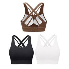 Heersan Sports Bra Women's Push Up Sports Bra Without Underwire Crossback Yoga Bra Strong Hold Padded Crossback Seamless Jogging Fitness Bra, 3 Pieces- Black+White+Coffee Brown