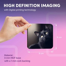 Destination Vinyl ltd Great Coasters (Set of 4) Square - Black Cat Kitten Drink Glossy Coasters/Tabletop Protection for Any Table Type #2603