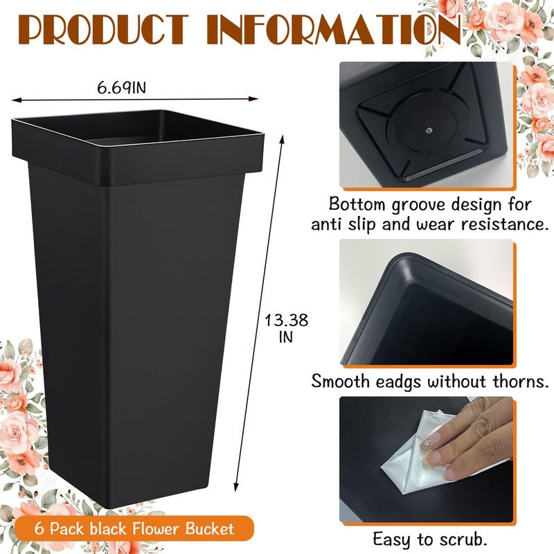 6 Pack Flower Buckets for Cut Flowers 13.4 Inch Plastic