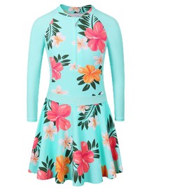 BAOHULU Traje de baño de una pieza UPF 50+ con falda floral modesto vestido de natación de playa de 3 a 11 años, Conjunto de cianflower con mangas, 5 Años