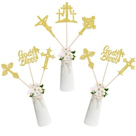 ZHUOWEISM 12 PCS God Bless and Cross Centerpiece Sticks Jesus Cross Table Flower Centerpieces Sticks First Communion Baptism Floral Decorations for God Bless Party Centerpieces Supplies Gold