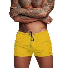 Donason - Traje de baño para hombre, secado rápido, pantalones cortos de playa para hombre, con forro de malla y bolsillos con cierre, Amarillo, Large
