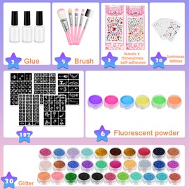 CZMAO Glitter Tattoo Set for Children, 36 Colours, Temporary Glitter Tattoo for Girls with 203 Stencils, 5 Brushes, 4 Glues, Gift for Boys Girls Adults Party