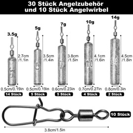 VEPEPE Drop Shot Lead Fishing with 10 Pieces Fishing Swivels, 5 Sizes Drop Lead Fishing Dropshot Lead Set 3.5 g 5 g 7 g 10 g 14 g, Anti-Rust Fishing Weights, Cylinder Fishing Lead Set for Saltwater
