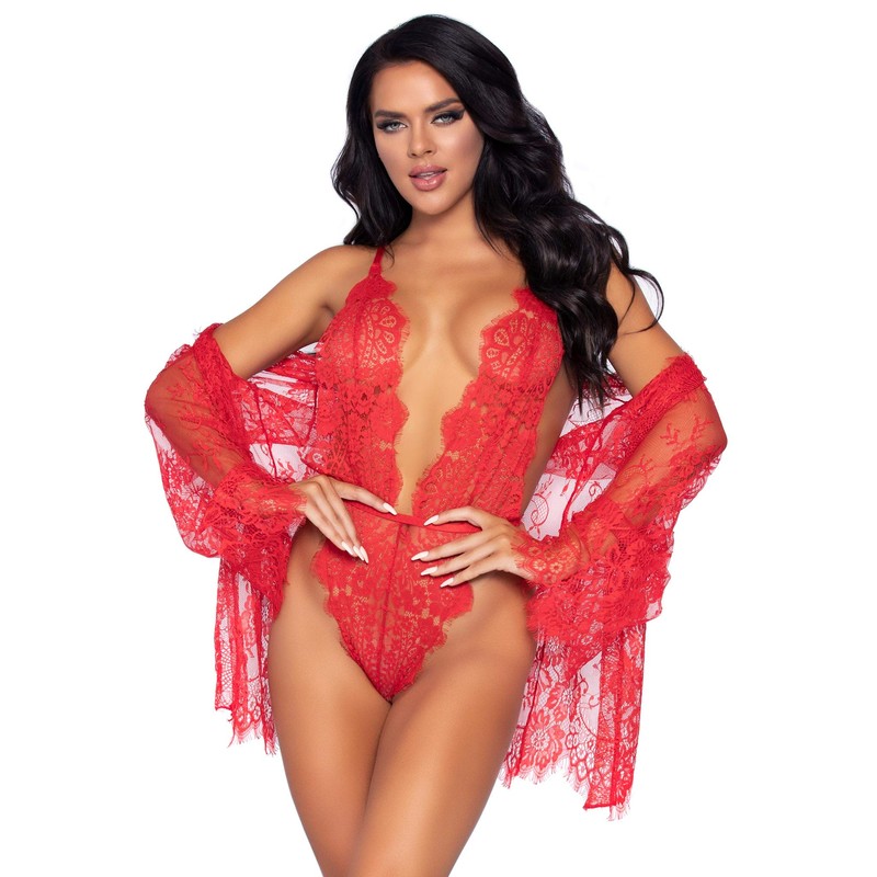 LEG AVENUE Floral Lace Bodysuit & Lace Robe Medium (Red)
